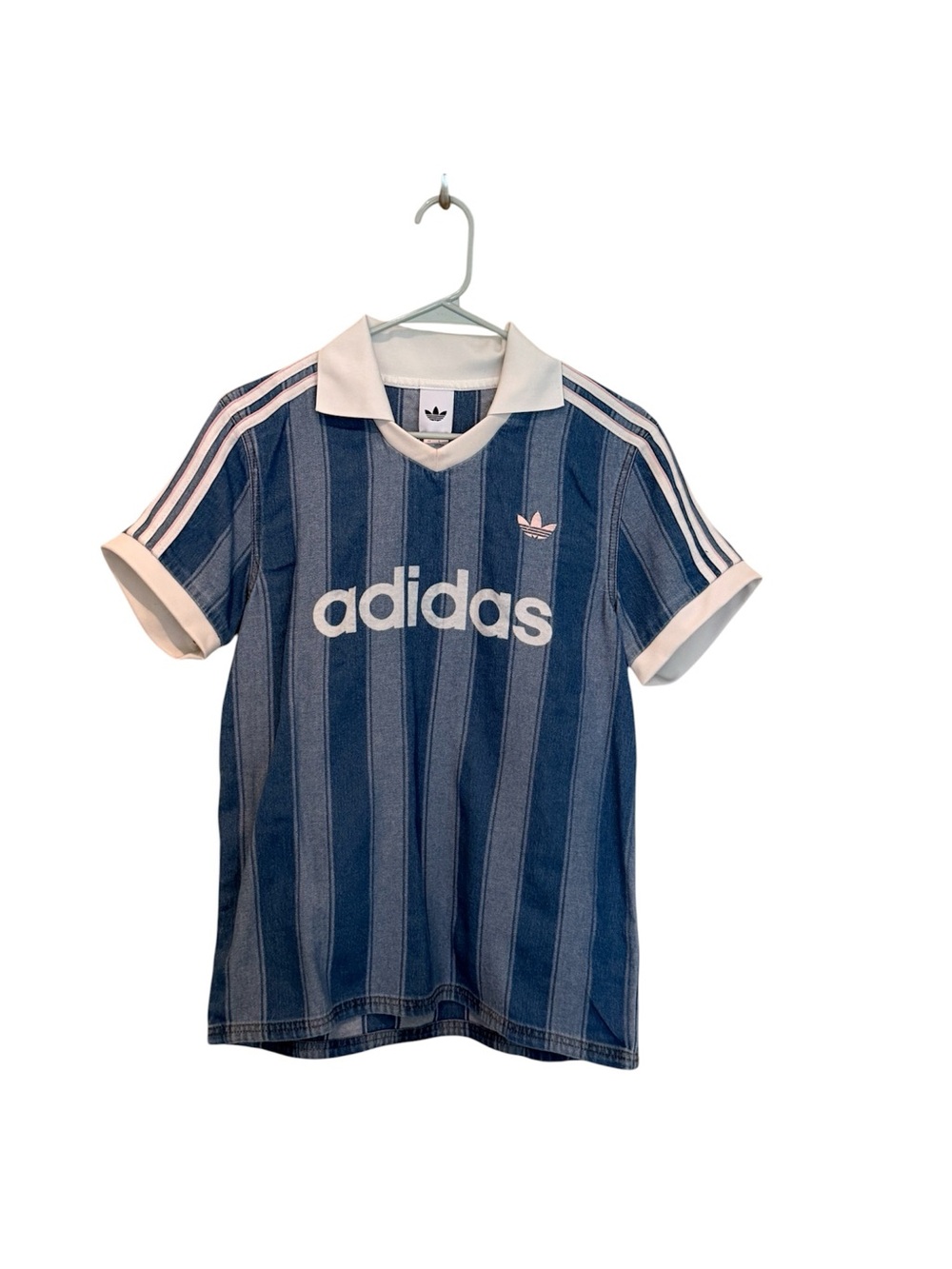 adidas Blue Vertical-Striped Polo Shirt with White Trim
